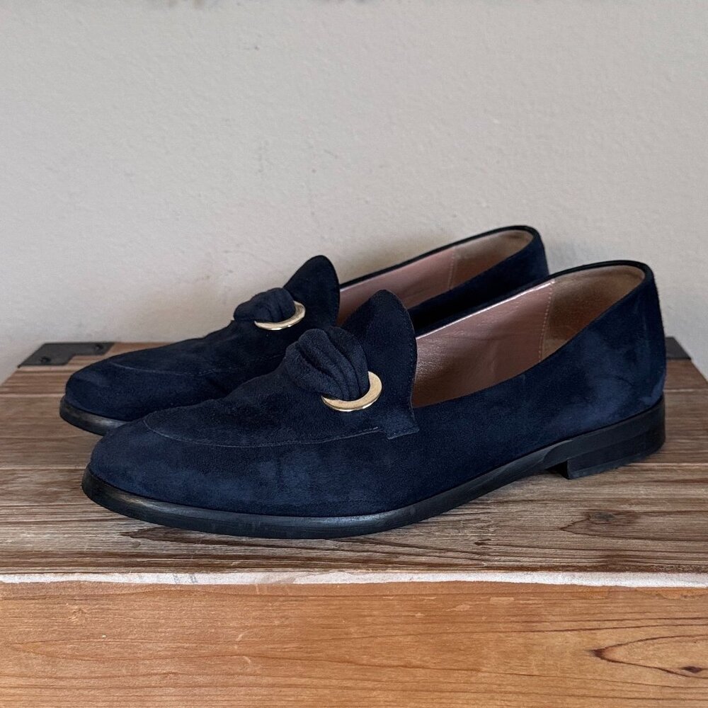 Pollini Made in Itlay Blue Suede Silver Grommet Slip On Flat Loafer Size 39 8.5
